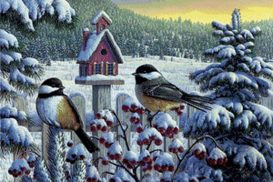 зимний пейзаж - зима, пейзаж, птицы - предпросмотр