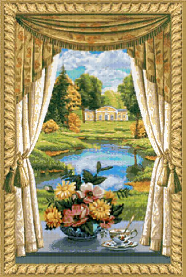 Дачный  роман - цветы, окно, пейзаж - предпросмотр