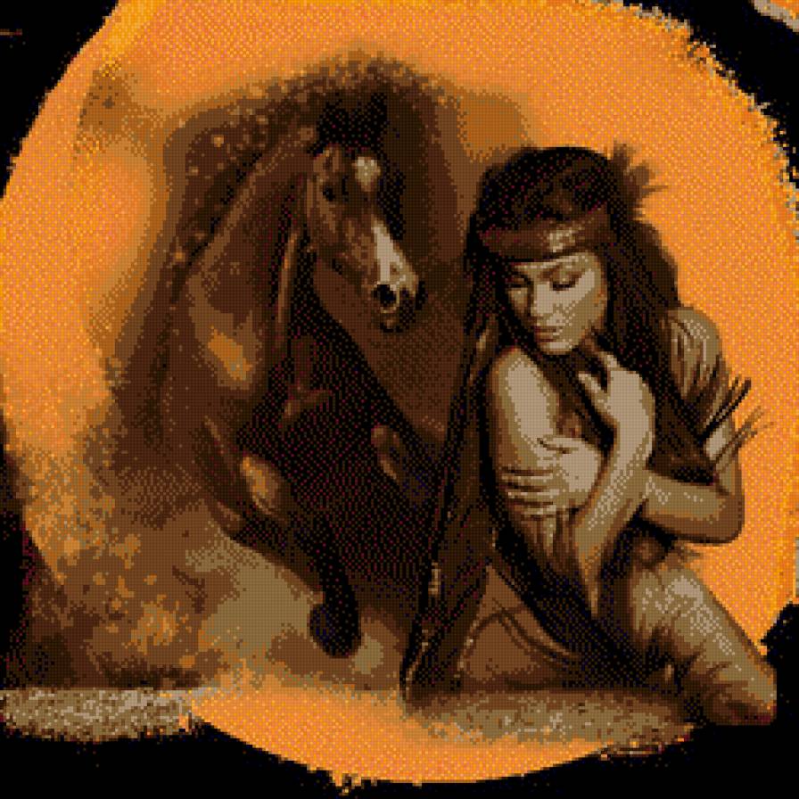 Девушка и лошадь - индеанка, девушка, конь - предпросмотр