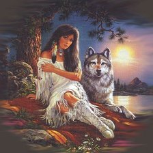 Оригинал схемы вышивки «Девушка с волком» (№984075)