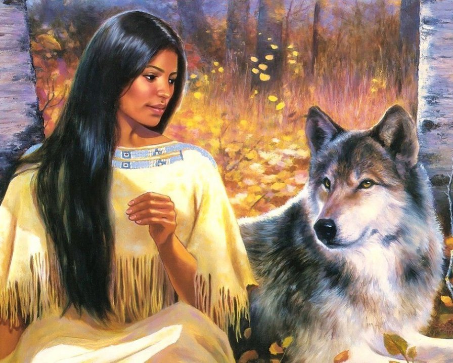Девушка с волком - индейцы, волки, девушка - оригинал