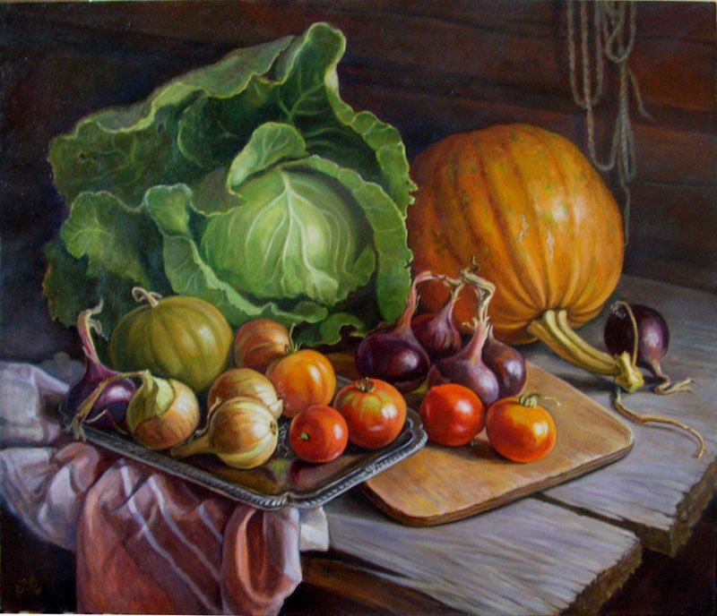 Натюрморт с тыквой II - плоды, тыква, капуста, урожай, томаты, лук, натюрморт - оригинал