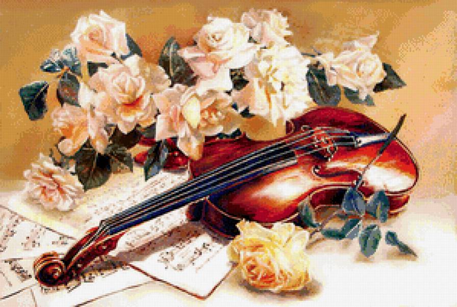 натюрморт со скрипкой - натюрморт, цветы, ноты, скрипка, живопись, музыка - предпросмотр