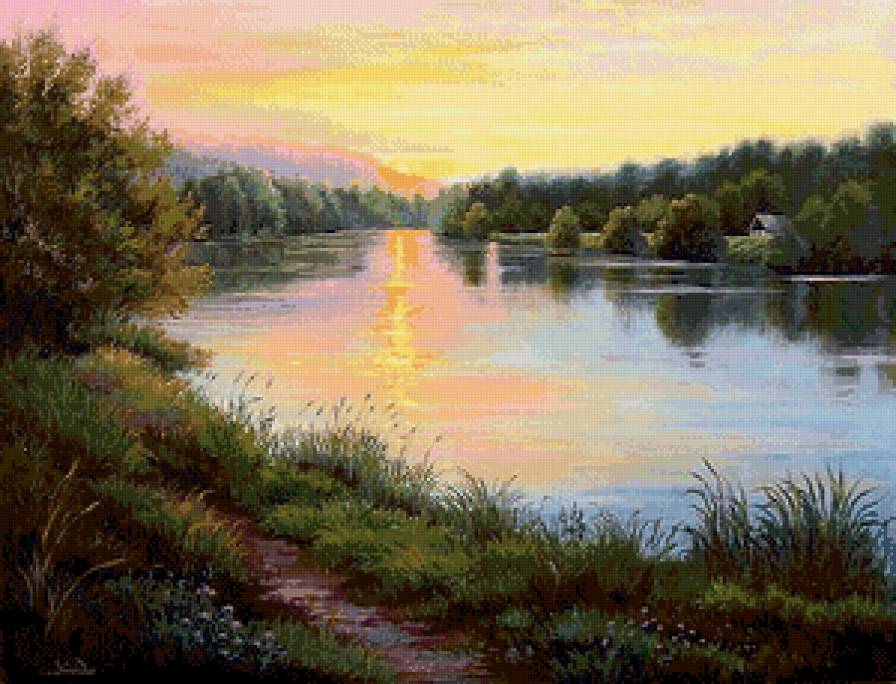 закат на реке - лето, закат, пейзаж, река, природа, живопись, лес - предпросмотр