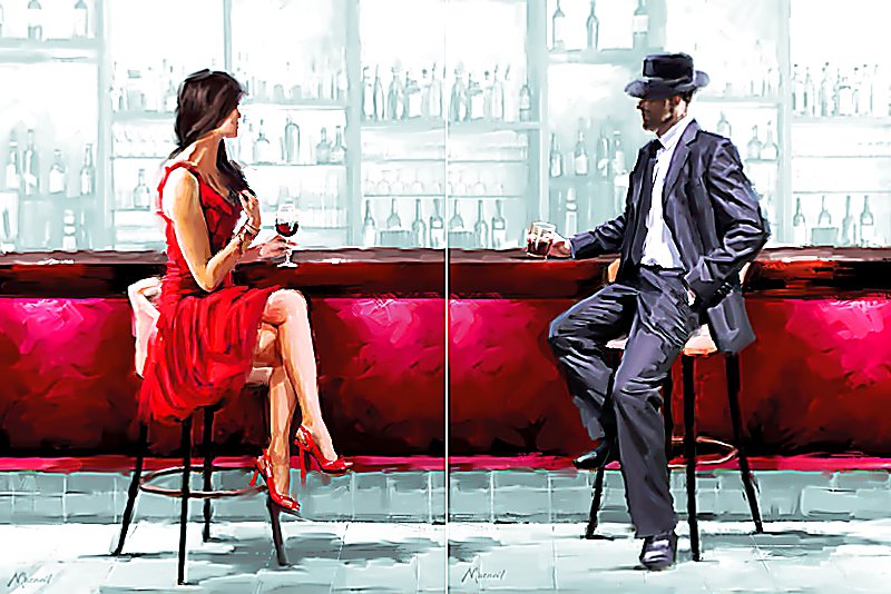 мужчина и женщина в баре (диптих вместе) - знакомство, чувства, мужчина, женщина, бар. кафе, диптих, вино - оригинал