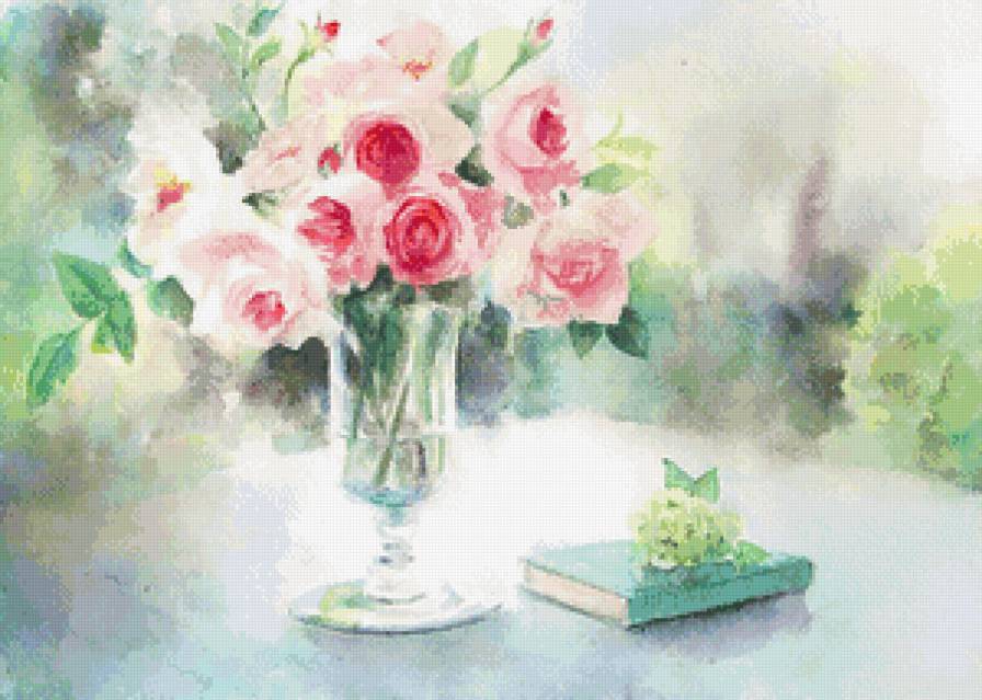 нежные акварельные розы - розы, ваза, букет, цветы, нежность, натюрморт, живопись, книга - предпросмотр