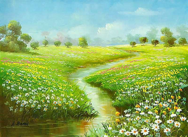 речушка через ромашковое поле - природа, цветы, живопись, река, пейзаж, ромашки, лето - оригинал