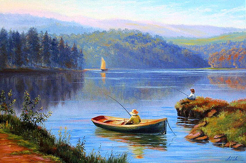 утренняя рыбалка - лодка, утро, пейзаж, озеро, рыбалка, рассвет, природа - оригинал