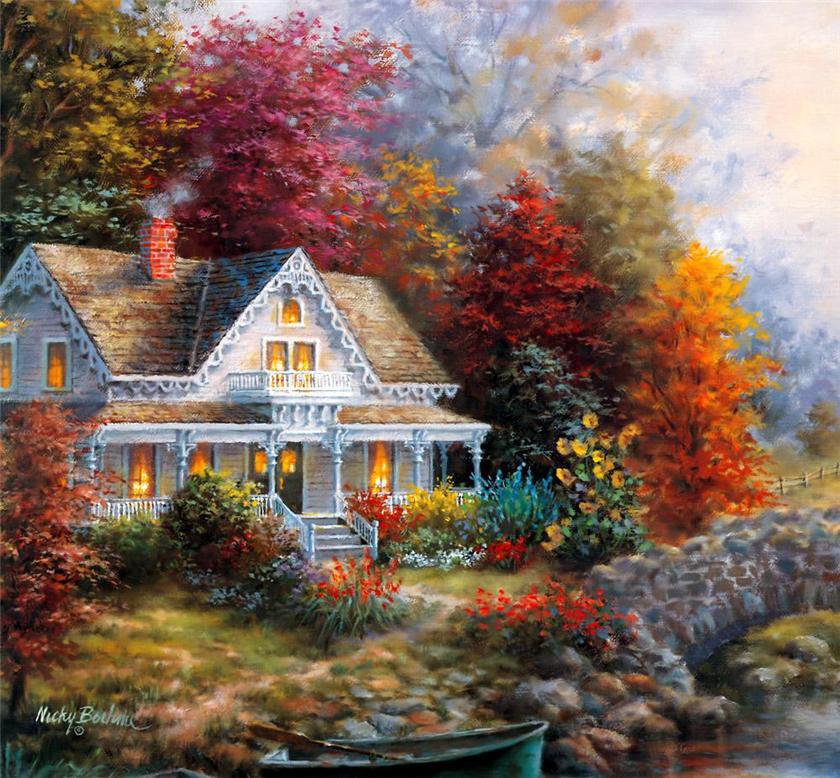 домик на берегу реки - домик, природа, осень - оригинал