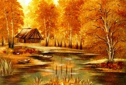 осень в лесу - пейзаж, осень, пруд, домик, лес - оригинал
