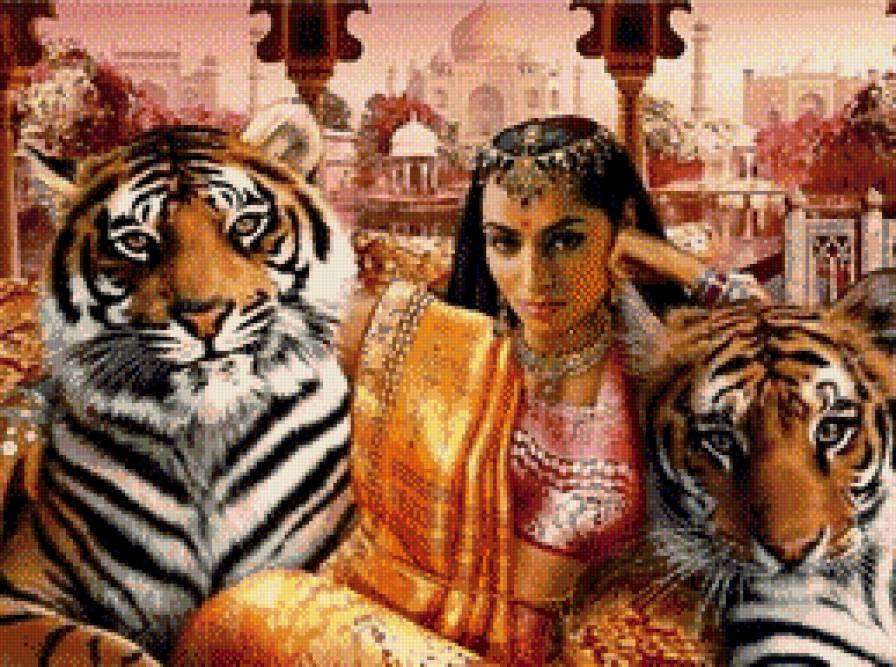 Индианка с тиграми - экзотика, девушка, тигр, индианка, индия - предпросмотр