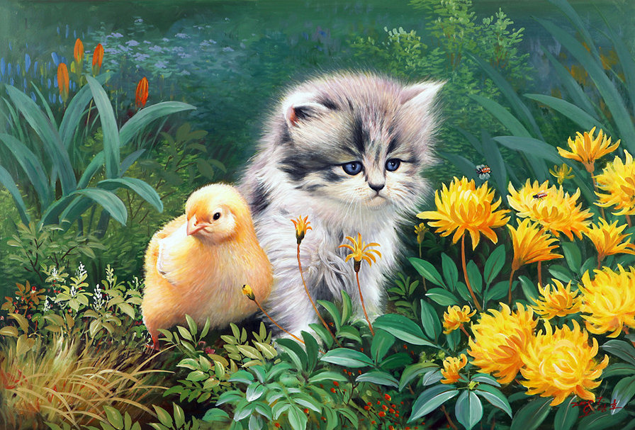 0217 - кошка, красота, птицы, природа, живопись, картина, животные - оригинал
