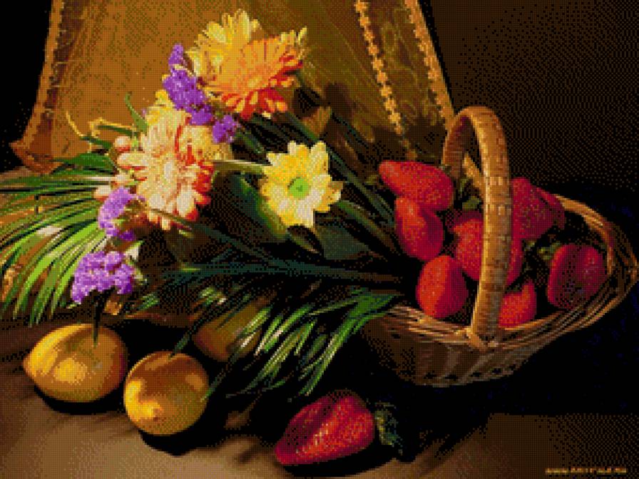фрукты - корзинка, клубника, лимон, цветы - предпросмотр