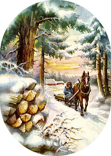 Серия "Зимние пейзажи" - зима, деревня, сани, лес, открытка, винтаж, ретро, лошадь, снег - оригинал