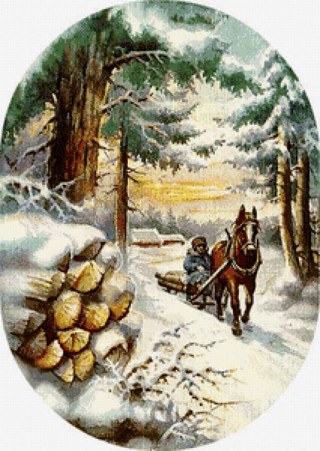 Серия "Зимние пейзажи" - лес, сани, снег, винтаж, деревня, открытка, лошадь, зима, ретро - предпросмотр