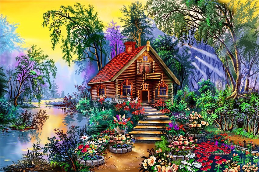 домик-1 - цветы, река, дом, пейзаж - оригинал