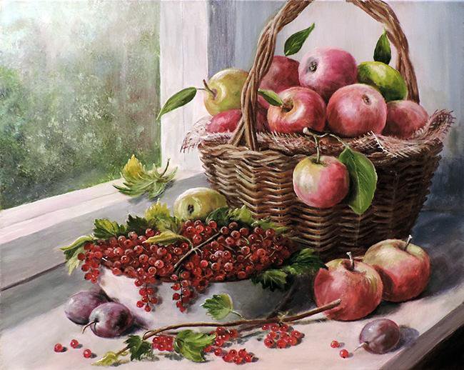 Натюрморт смородина и яблоки - натюрморт, фрукты - оригинал