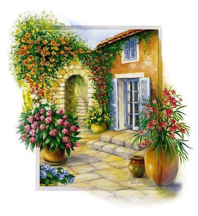 красочный дворик - пейзаж, цветы, домики - оригинал