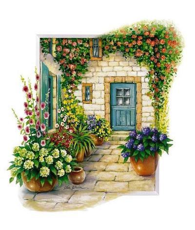 красочный дворик - цветы, пейзаж, домики - оригинал