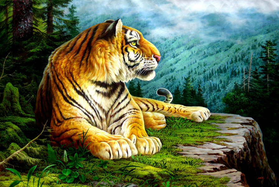 0227 - тигр, природа, лето, кошка, животные, живопись, красота, картина - оригинал