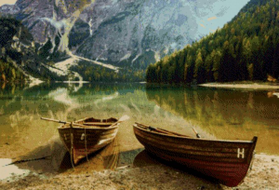озеро - озеро, осень, лодки, горы - предпросмотр