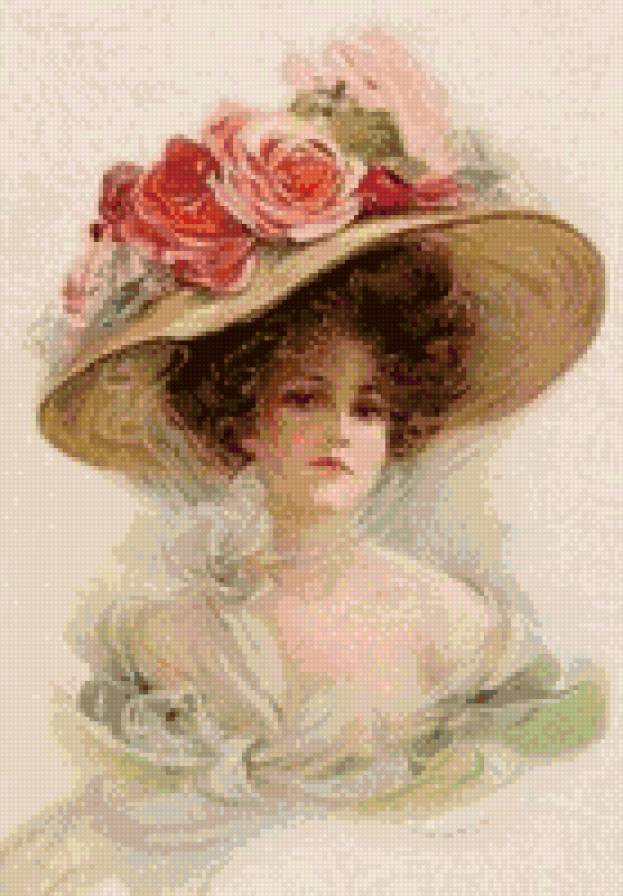 Девушка в шляпе - розы, цветы, девушка, шляпа, дама - предпросмотр