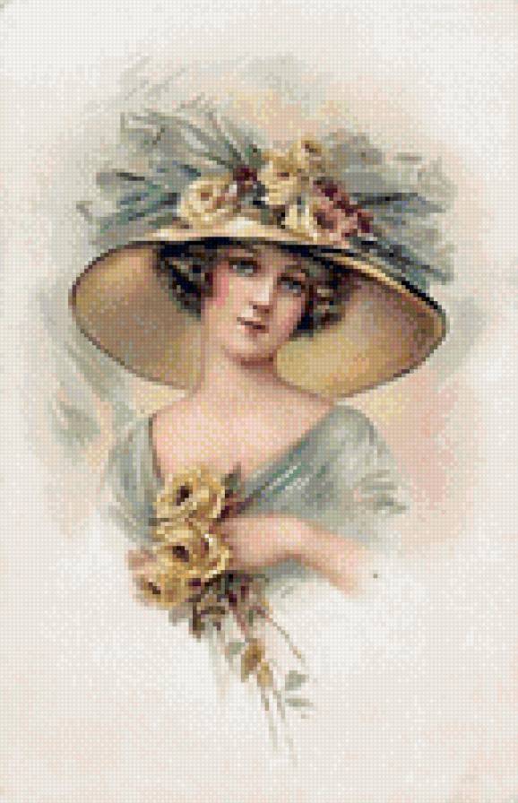 Дама в шляпе - дама, цветы, шляпа, розы, девушка - предпросмотр