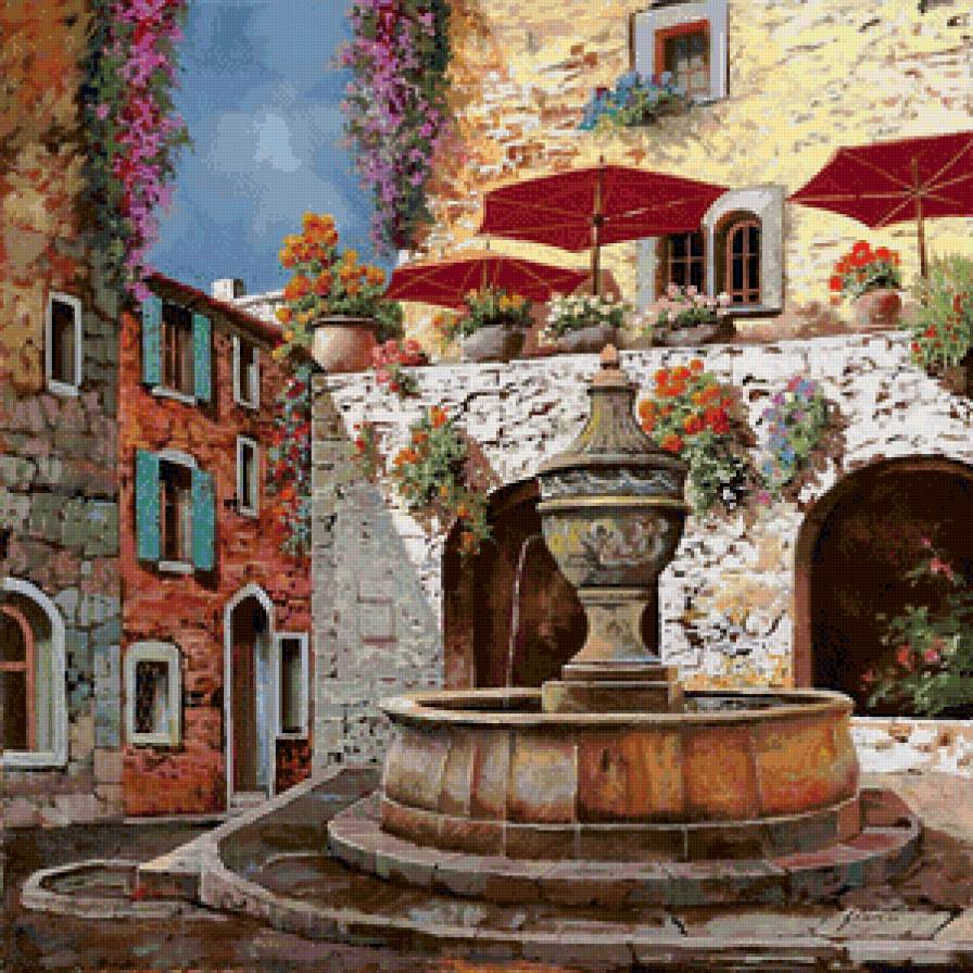 Художник Guido Borelli - город, фонтан, уютный дворик, улочка, цветы, франция, дома - предпросмотр