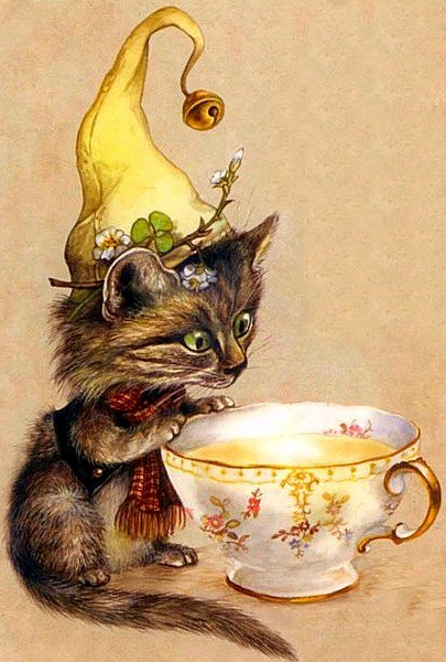 Котенок и чашка чая - домашние любимцы - оригинал