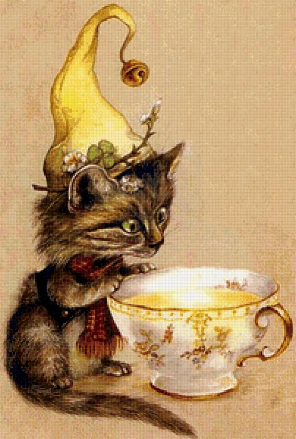 Котенок и чашка чая - домашние любимцы - предпросмотр