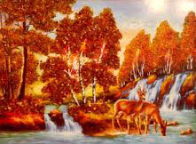 Золотая осень - река, природа, пейзаж, олени, лес, осень, водопад - оригинал