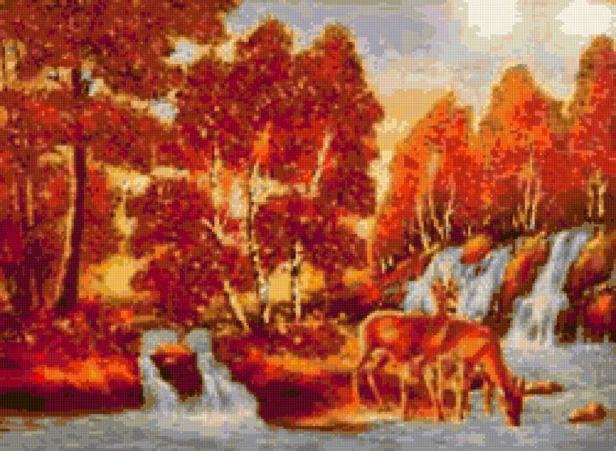 Золотая осень - природа, водопад, лес, река, осень, пейзаж, олени - предпросмотр
