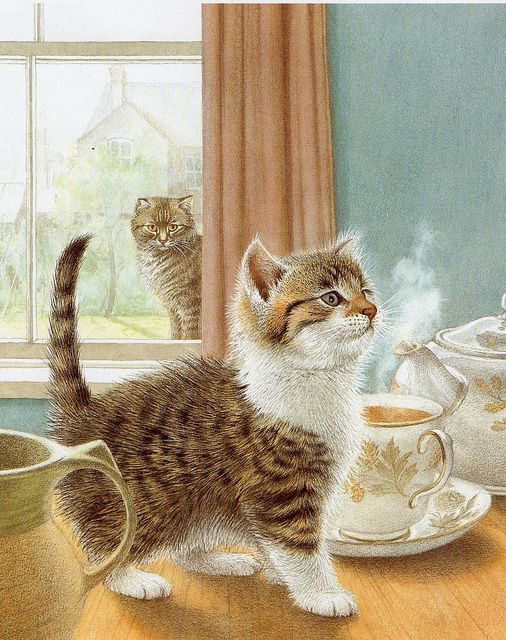 Файф-о-клок - чай, чайник, кошка, котенок, чашка, чаепитие - оригинал