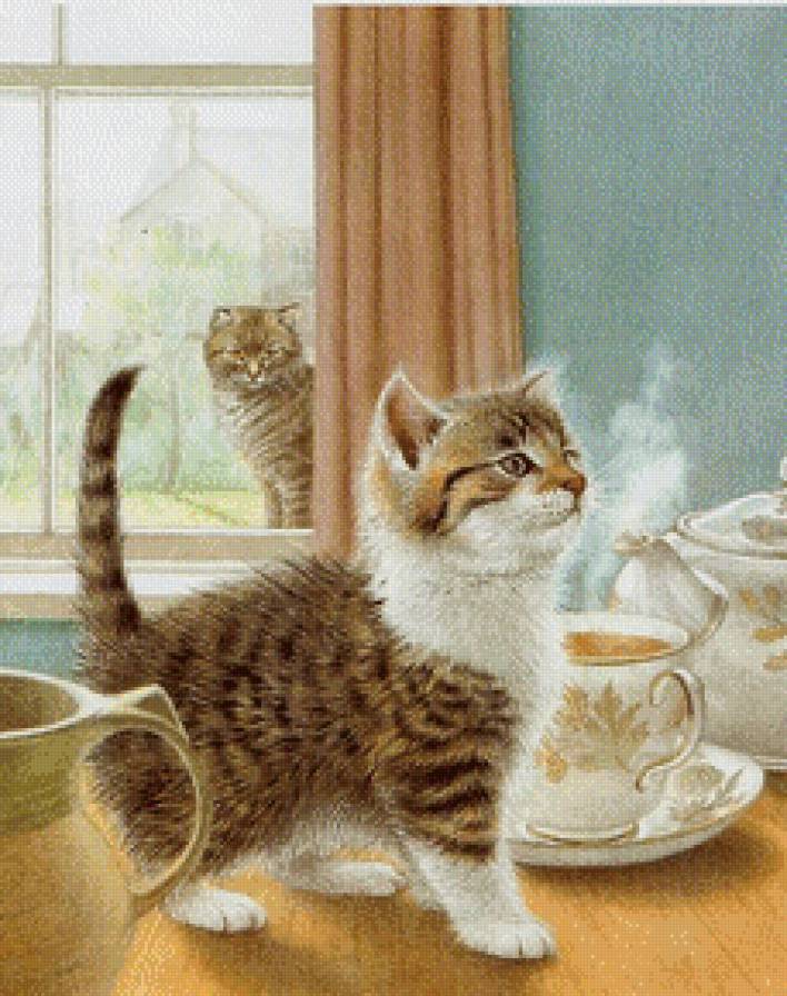 Файф-о-клок - чай, чаепитие, котенок, чашка, кошка, чайник - предпросмотр
