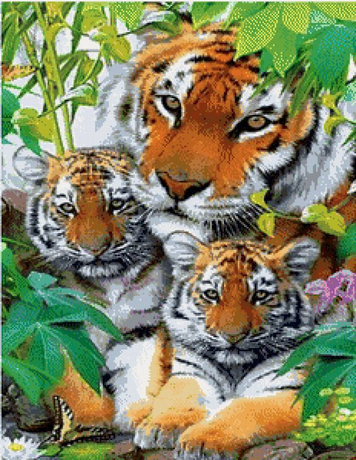 Тигриное семейство. - цветы, тигрята, тигр, солнце, джунгли - предпросмотр