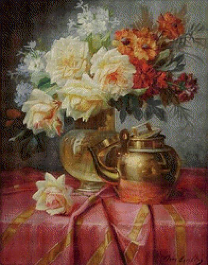 Натюрморт с чайником - натюрморт, цветы, ваза - предпросмотр