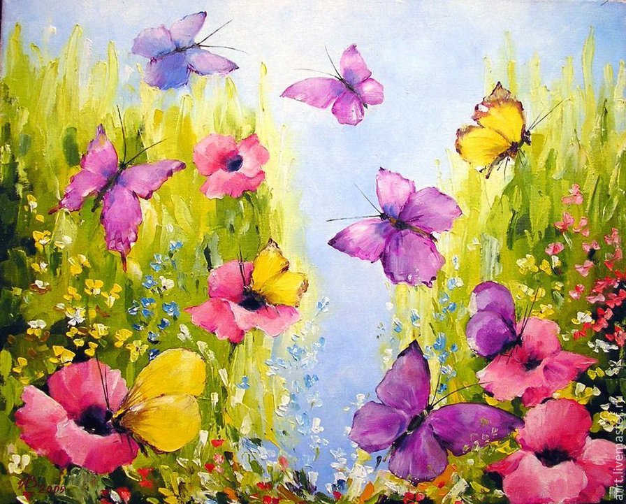 бабочки и цветы - искусство, картина, живопись - оригинал