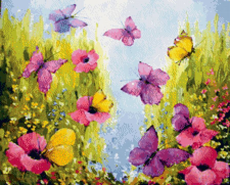 бабочки и цветы - живопись, картина, искусство - предпросмотр