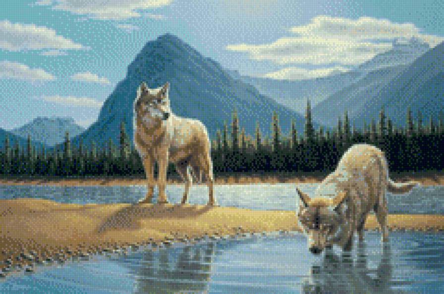 0234 - картина, живопись, горы, волки, лето, красота, природа, животные - предпросмотр