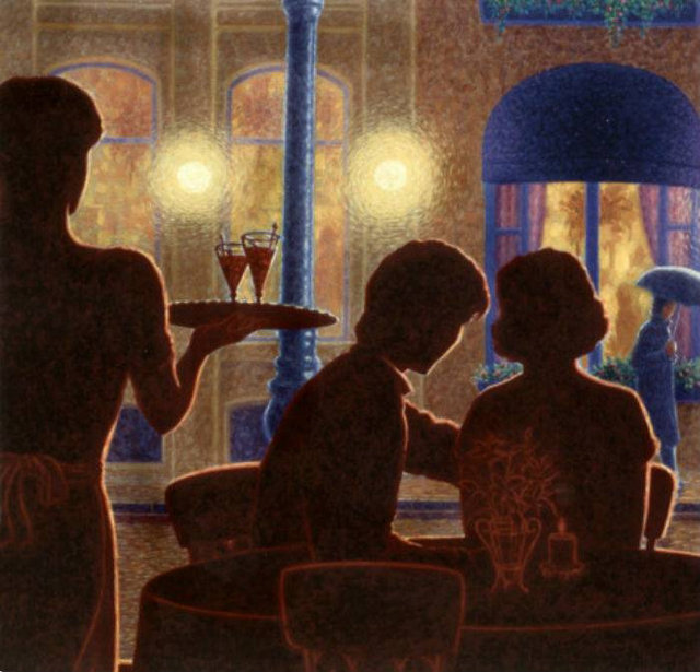 картина Дениса Нолета - ночь, кафе, двое - оригинал