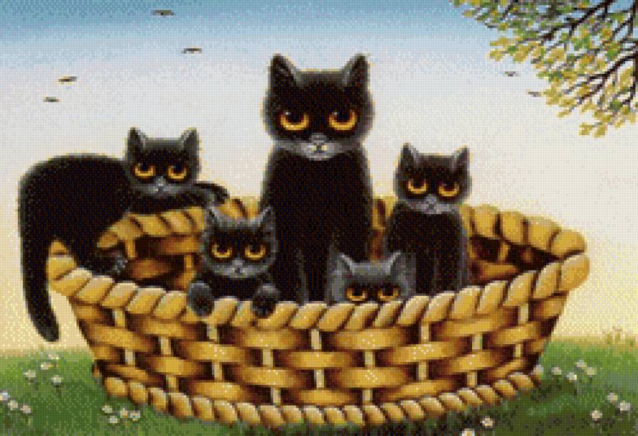 Семья черных котиков - семья, кот, корзина - предпросмотр
