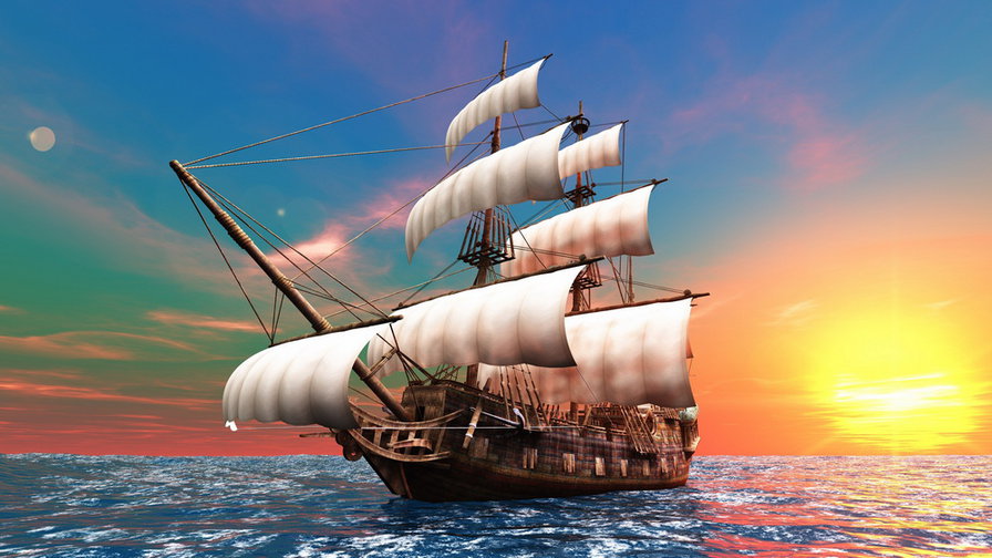 Парусник - парусник, море, закат, корабль - оригинал