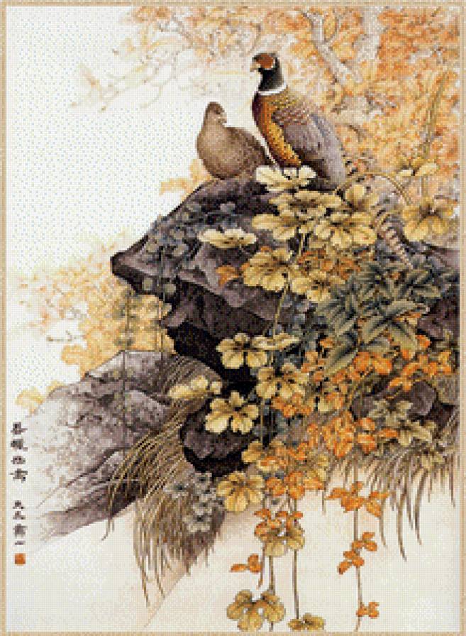 осенние фазаны - птицы, япония, осень, живопись - предпросмотр