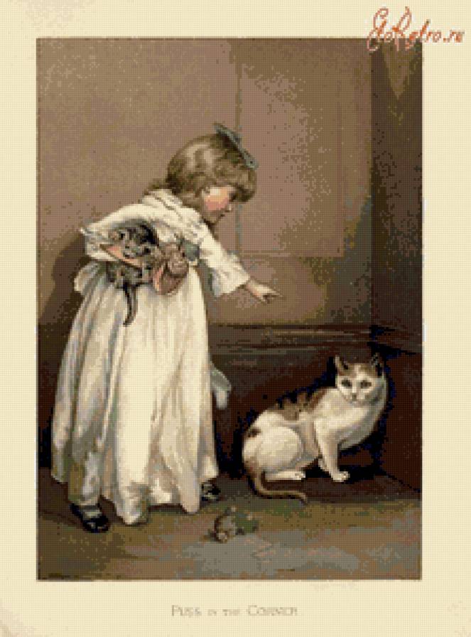 наказали - старинная открытка, кошка, девочка - предпросмотр