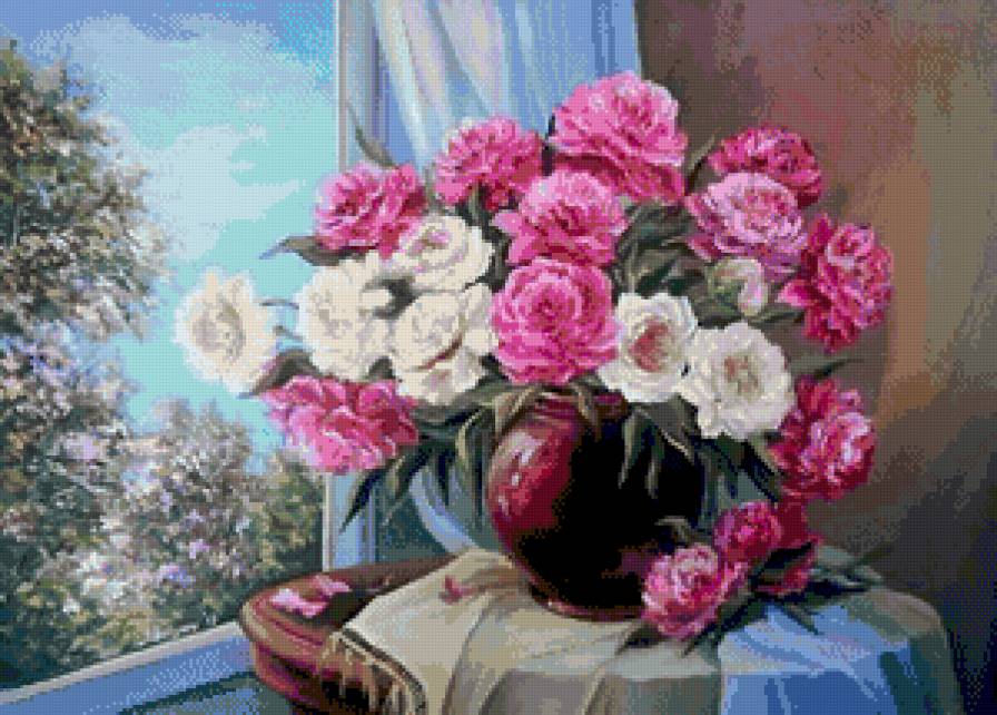 картины художницы Анка Булгари - пионы в вазе на столе у окна - предпросмотр