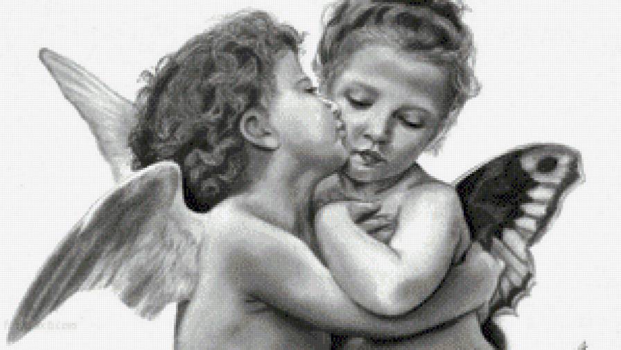 Ангелочек и феечка - монохромный рисунок, фея, ангел, карандаш - предпросмотр