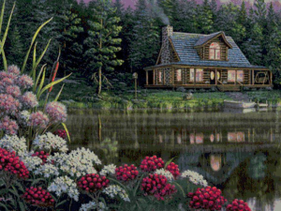картины художников, домик на берегу озера - лес, цветы, озеро, лебеди - предпросмотр