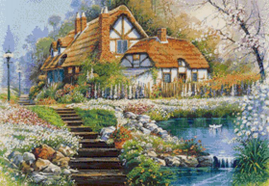 сказочные картины художников - цветущие деревья, цветы, ступеньки, озеро, дом - предпросмотр