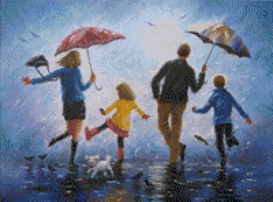 Дружная семья - дети, семья, непогода, дружба, дождь, радость - предпросмотр