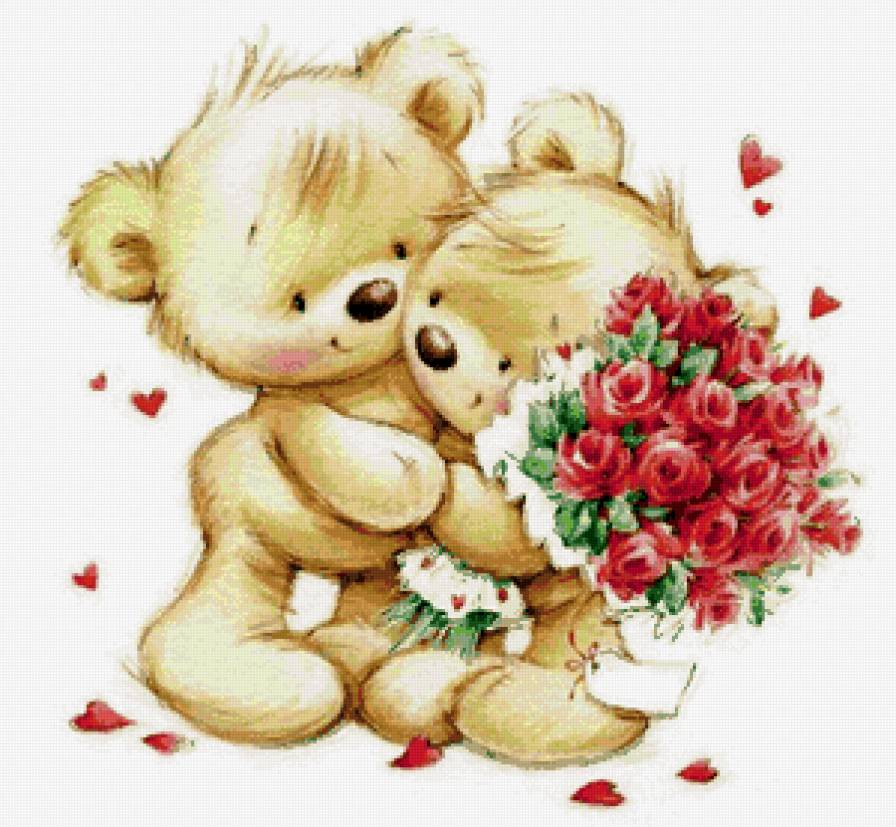 Мишутки - валентинка, медведи, мишки тэдди, любовь, цветы, детская, животные - предпросмотр